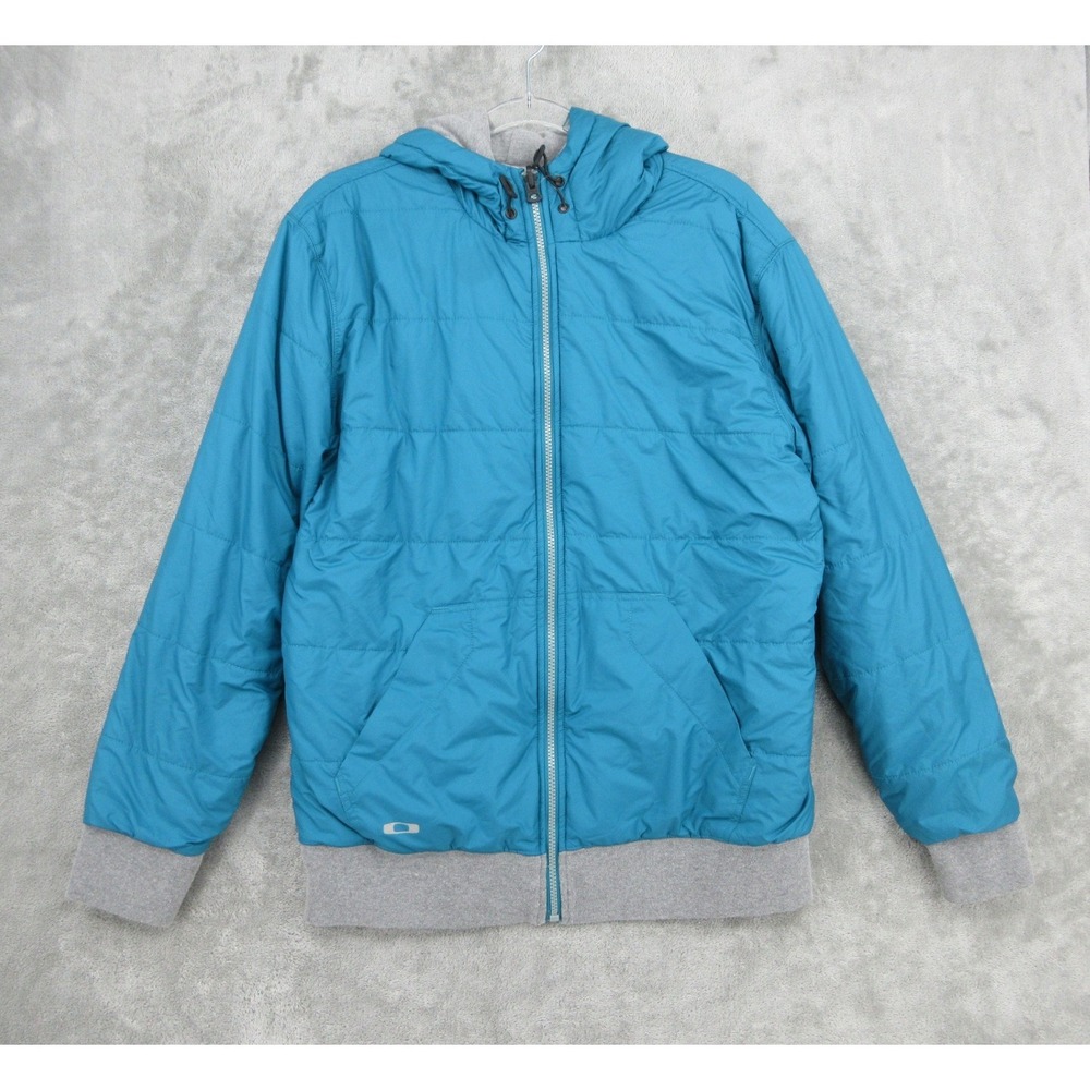 Oakley Jacket Mens Size M Reversible Puffer Full Zip Hooded Logo Pockets Teal